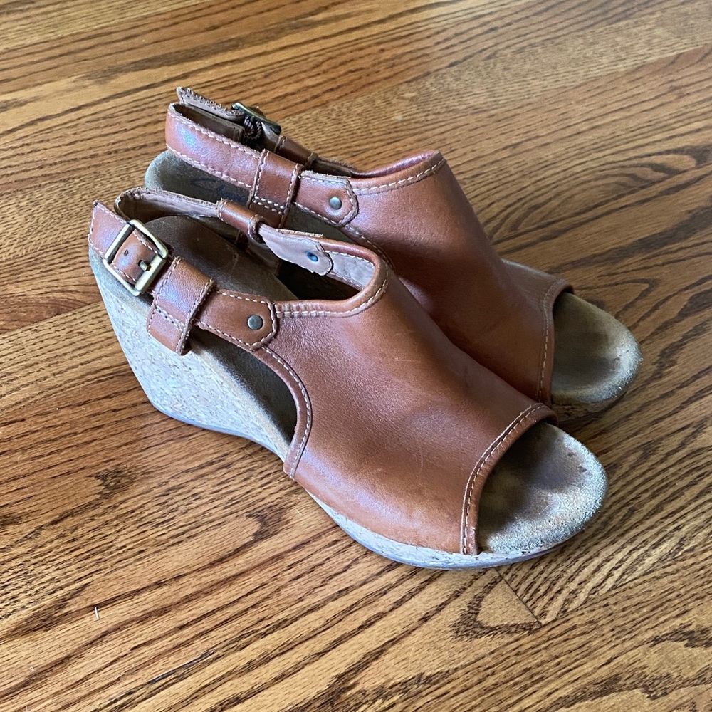 Clarks Tan Wedge Sandals